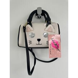 Betsey Johnson Striped Mini Barrel White and Black Cat Crossbody Bag w Gems 🐱